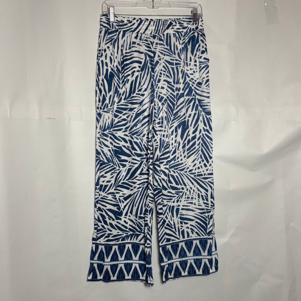 Belle Beach Kim Gravel Blue White Palm Leaf Wide Leg Crop Pants Womens XSP